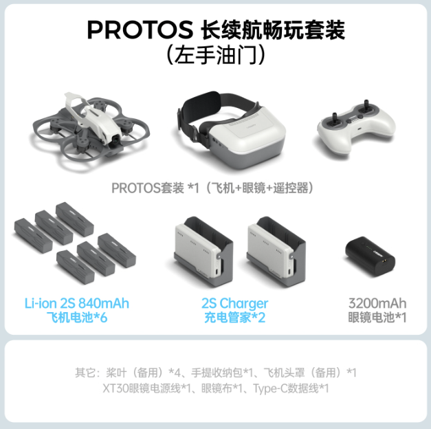 CaddxFPV, Protos long-flight kit includes drone, goggles, controller, batteries, chargers, spare parts, case, and cables.