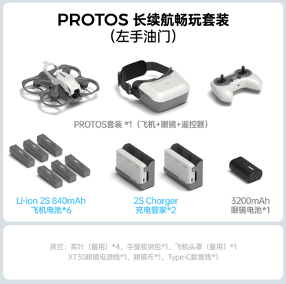 CaddxFPV, Protos long-flight kit includes drone, goggles, controller, batteries, chargers, spare parts, case, and cables.