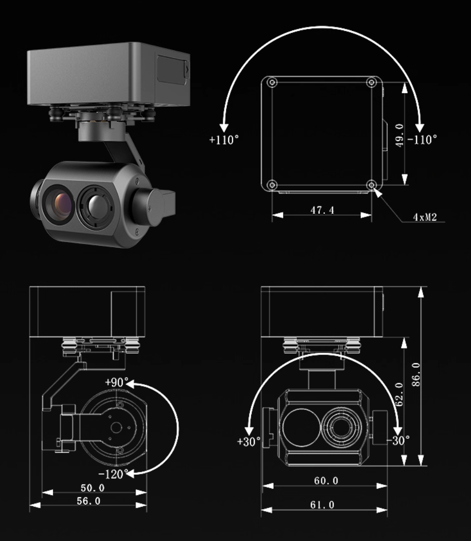CTIC CGTD070B Çift Işıklı 3 Eksenli Drone Gimbal Kamerası 1080P Yıldız Işığı + 640×512 Termal Görüntüleme Mini Gimbal Pod
