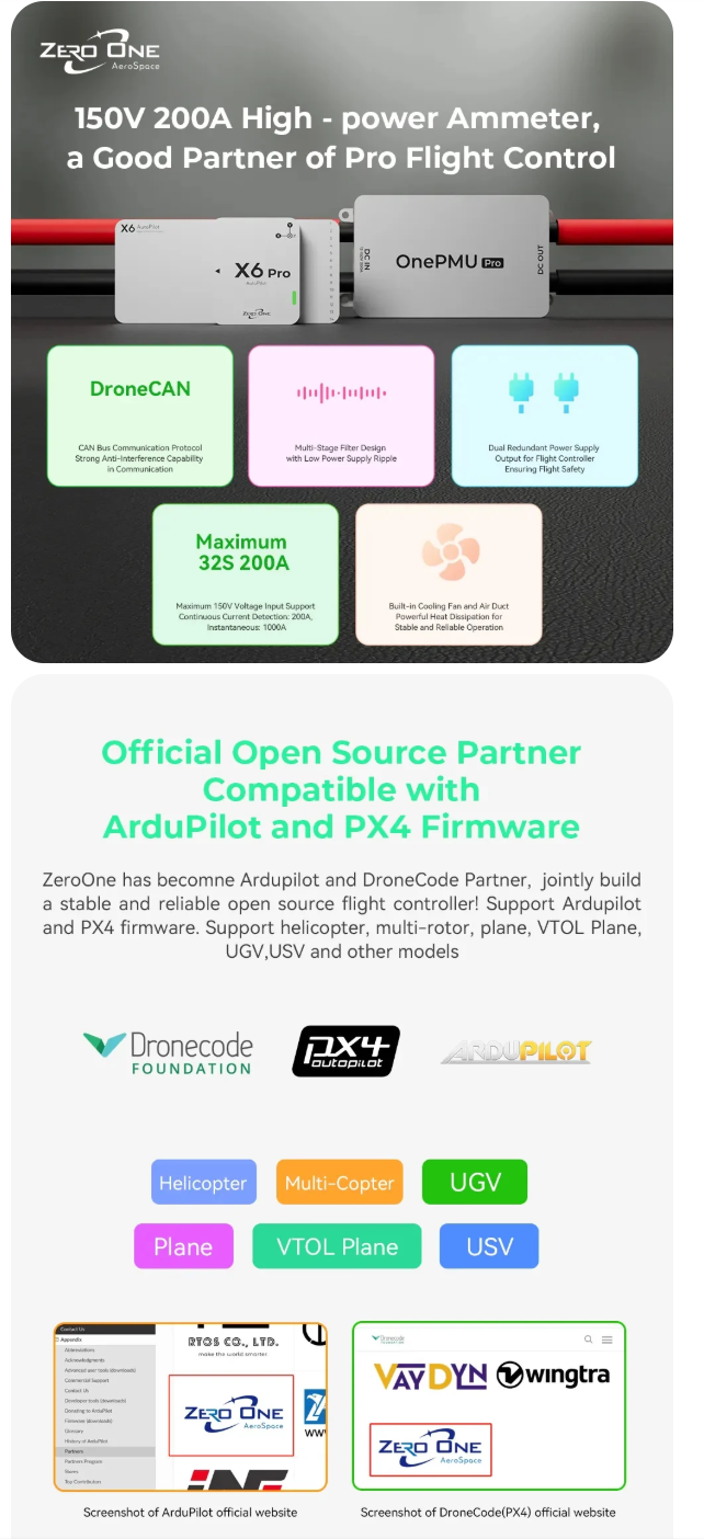 ZeroOne X6 Pro Autopilot Flight Controller, ZeroOne X6 Pro: 150V/200A flight controller with DroneCAN, dual power, cooling fan; compatible with ArduPilot/PX4 for various professional drone types.