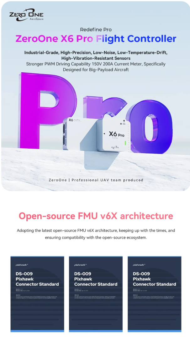 ZeroOne X6 Pro Autopilot Flight Controller, ZeroOne X6 Pro: industrial-grade, high-precision flight controller with strong PWM drive, for heavy-payload drones; open-source FMU v6X, Pixhawk-compatible.