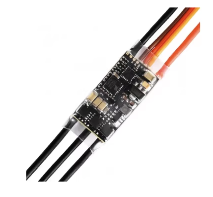 T-Motor AM16A ESC, T-Motor AM16A inline ESC with heat-shrink wrapped circuit board and attached power and motor wires