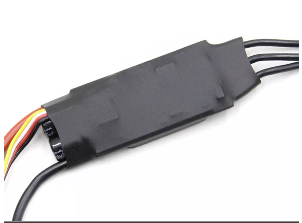 Hobbywing Skywalker 40A V2 RC Aircraft ESC, Hobbywing Skywalker RC aircraft ESC in black heat-shrink sleeve with three motor wires and receiver lead