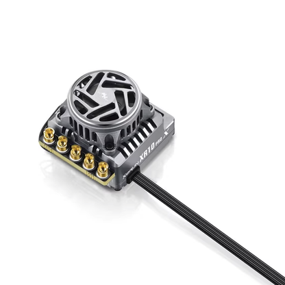 Hobbywing XR10 Pro G3X ESC with top cooling fan, gold motor terminals, and flat signal lead