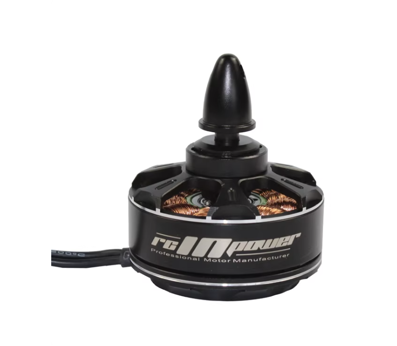 RCInpower X4110 brushless motor in black with exposed copper windings and top prop adapter