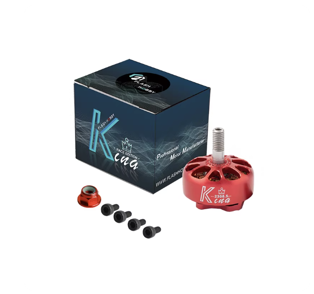 Flashhobby K2306.5 brushless DC motor with red aluminum housing, threaded shaft, screws and nut, plus box