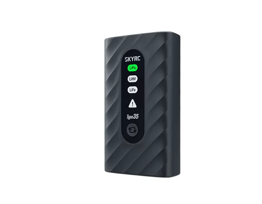 SkyRC Type35 compact battery charger with front LiPo, LiHV and LiFe mode buttons on a textured black case