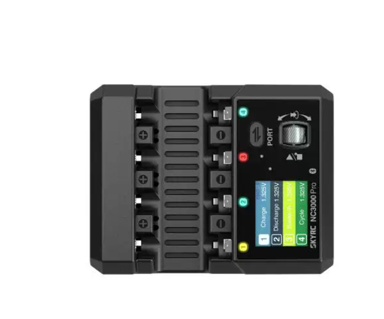 SkyRC NC3000 Pro Battery Charger, SkyRC NC3000 Pro NiCd/NiMH Battery Charger, SkyRC NC3000 Pro NiMH/NiCd battery charger with four cell slots, color display, and control dial