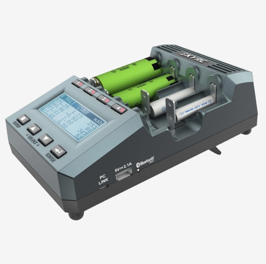 SkyRC MC3000 universal battery charger with four slots, LCD screen, control buttons, and Bluetooth/PC link ports