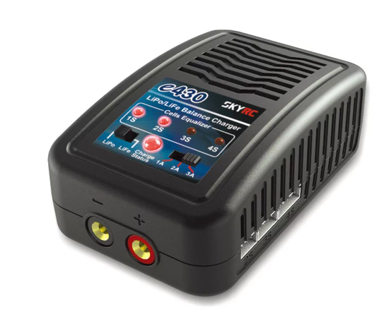 SkyRC e430 AC LiPo/LiFe 2-4S Balance Charger, SkyRC e430 LiPo/LiFe balance charger with 1S–4S cell LEDs, 1–3A selector and banana output ports