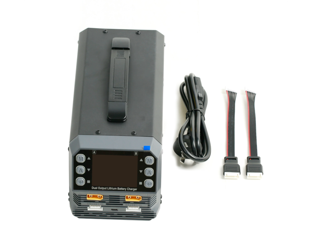 SkyRC PC1080neo dual output lithium battery charger with screen, control buttons, carry handle, power cord and two balance leads