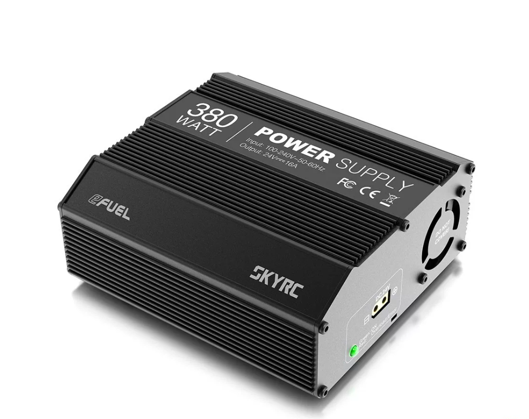 SkyRC 380W 24V DC Power Supply, SkyRC 380W power supply unit with finned black aluminum case, labeled 24V 16A DC output