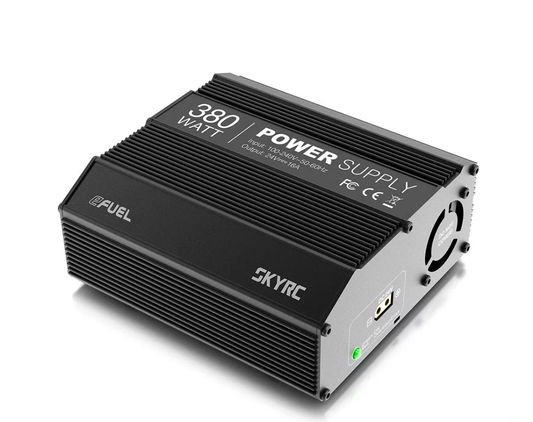 SkyRC 380W 24V DC Power Supply, SkyRC 380W power supply unit with finned black aluminum case, labeled 24V 16A DC output