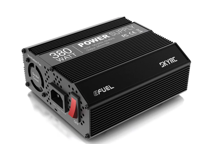 SkyRC 380W 24V DC Power Supply, SkyRC 380W DC power supply in finned black aluminum case with cooling fan, AC inlet, and DC output terminals