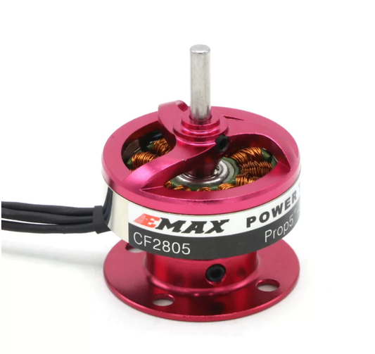 Emax CF2805 2840KV brushless motor front angle showing 3mm shaft, red housing, and mounting base