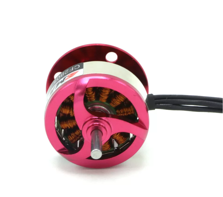 Top view of CF2805 brushless motor showing stator windings, exposed bell, and motor leads