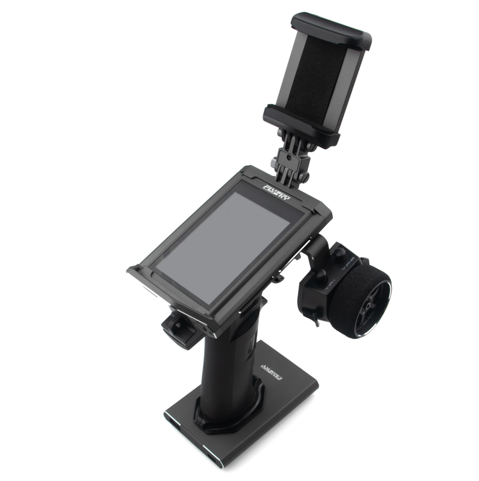 FlySky Noble NB4 Pro+ 2.4GHz surface radio transmitter angled view with touchscreen and phone mount
