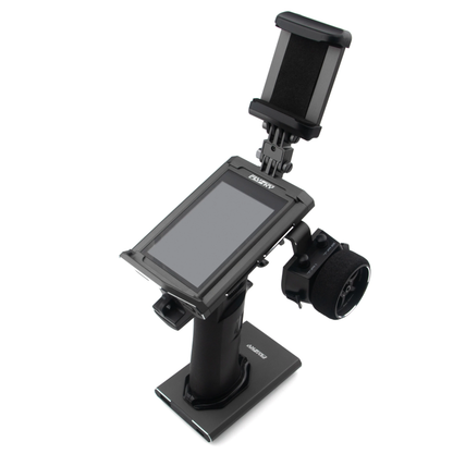 FlySky Noble NB4 Pro+ 2.4GHz surface radio transmitter angled view with touchscreen and phone mount