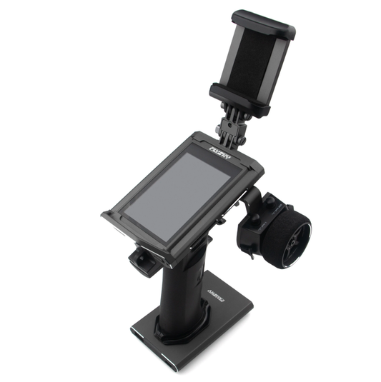 FlySky Noble NB4 Pro+ 2.4GHz surface radio transmitter angled view with touchscreen and phone mount
