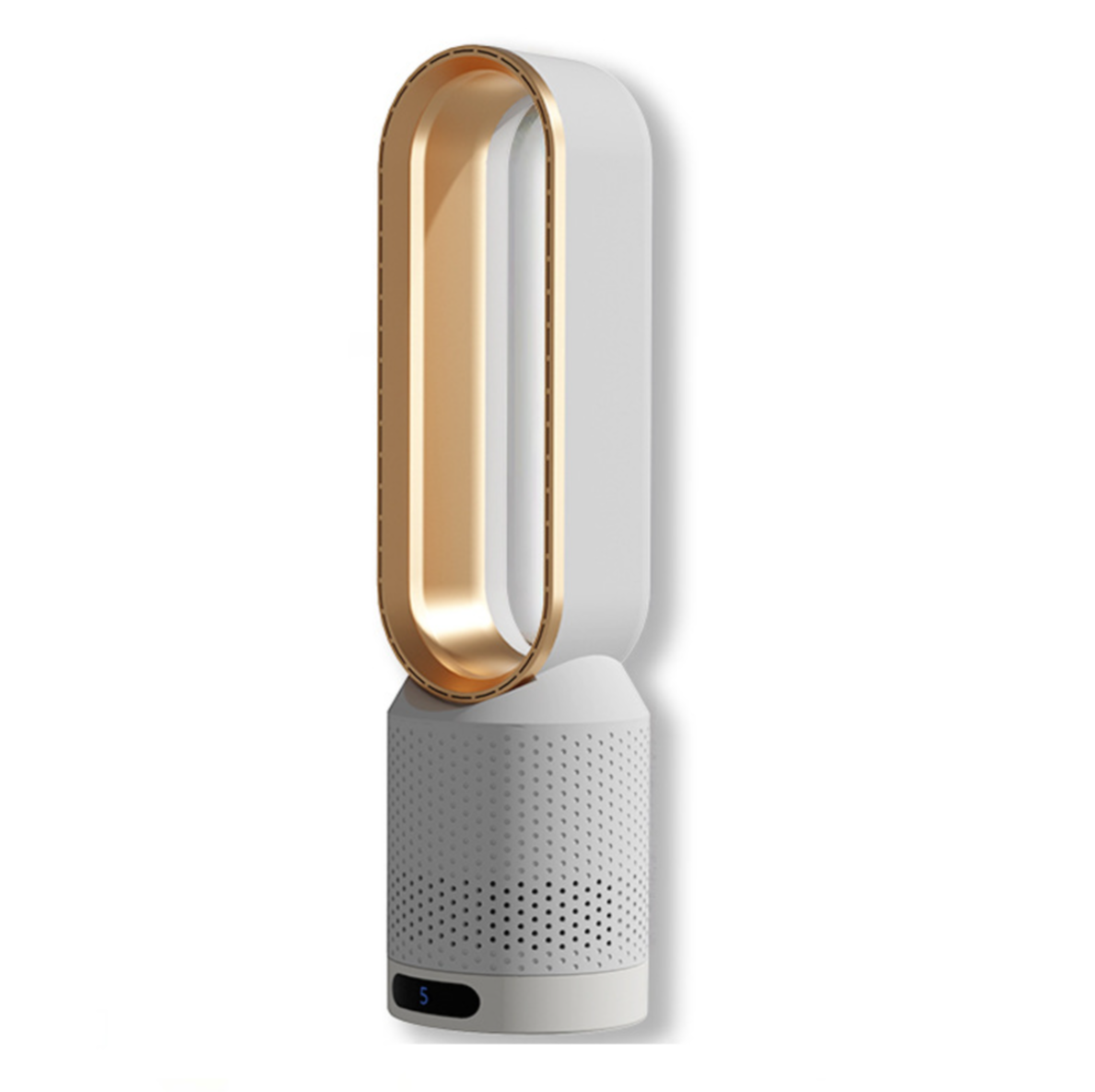 Angled side view of bladeless electric tower fan with perforated air intake base and display