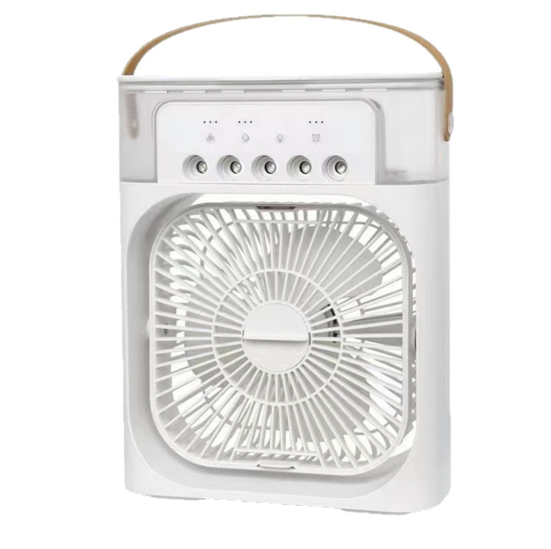 White portable air cooler fan humidifier, front view with carry handle and top control buttons