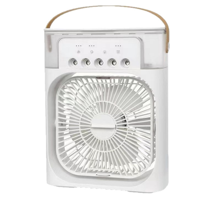 White portable air cooler fan humidifier, front view with carry handle and top control buttons
