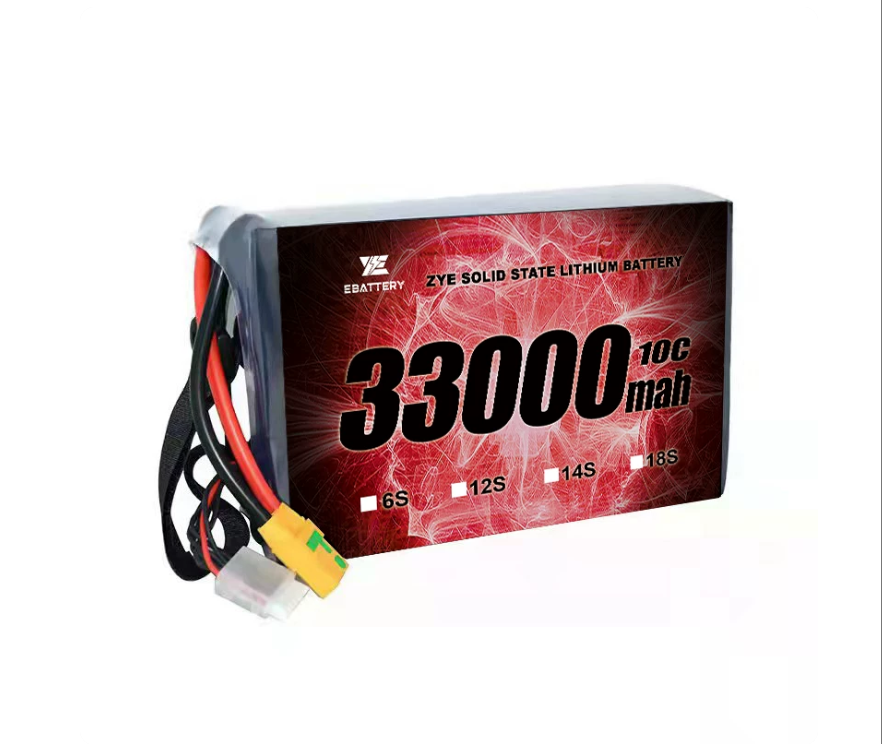 ZYE HV Solid-State LiPo Battery 33000mAh 10C, front label view with main leads and connectors