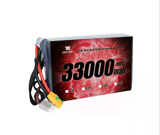 ZYE HV Solid-State LiPo Battery 33000mAh 10C, front label view with main leads and connectors