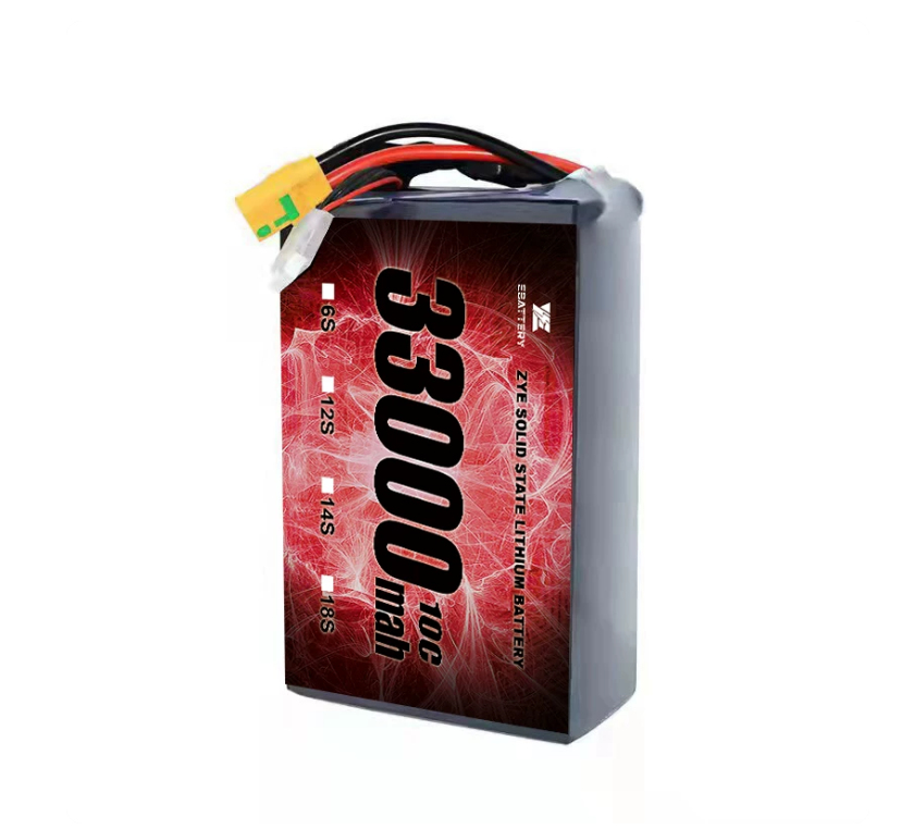 Angled side view of 33000mAh solid-state lithium battery pack with top exit wires and yellow plug