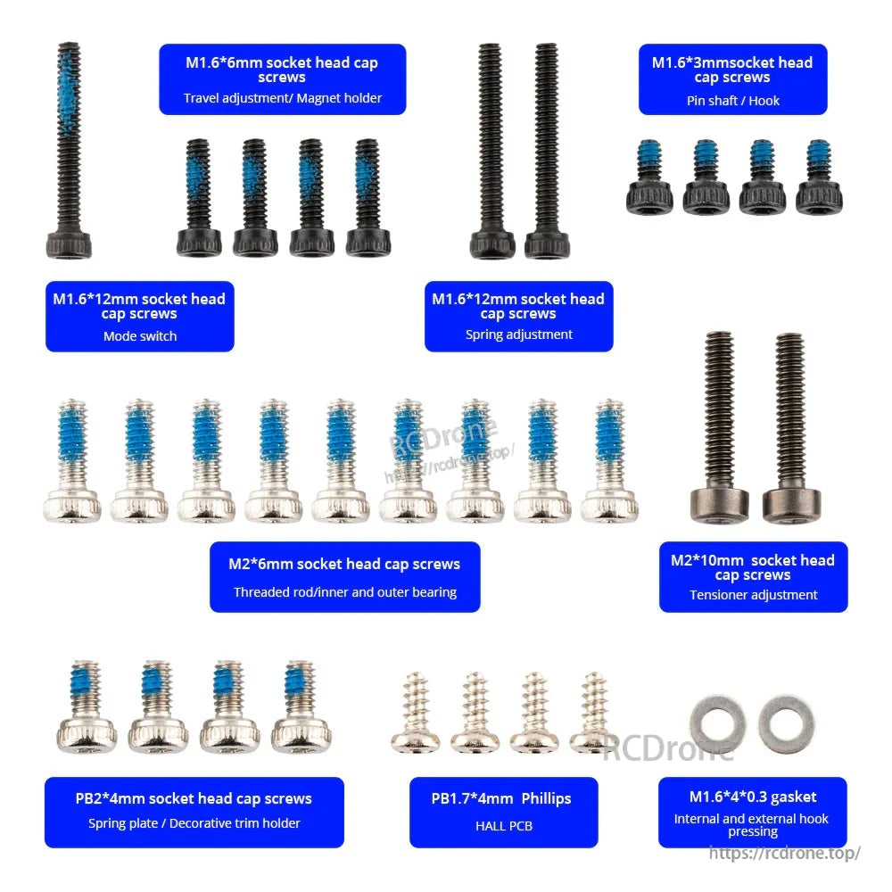 RadioMaster AG01 gimbal screw set with labeled screw sizes for travel, spring, tensioner and mode switch