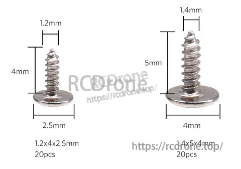 Micro mounting screws sizes for whoop FC installs: M1.2×4 (2.5mm head) and M1.4×5 (4mm head)
