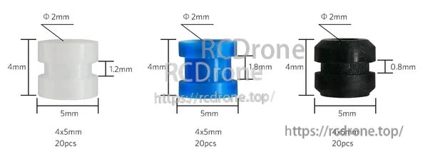 Rubber vibration dampers for whoop flight controller mounting, 4×5mm with 0.8mm, 1.2mm, and 1.8mm gaps