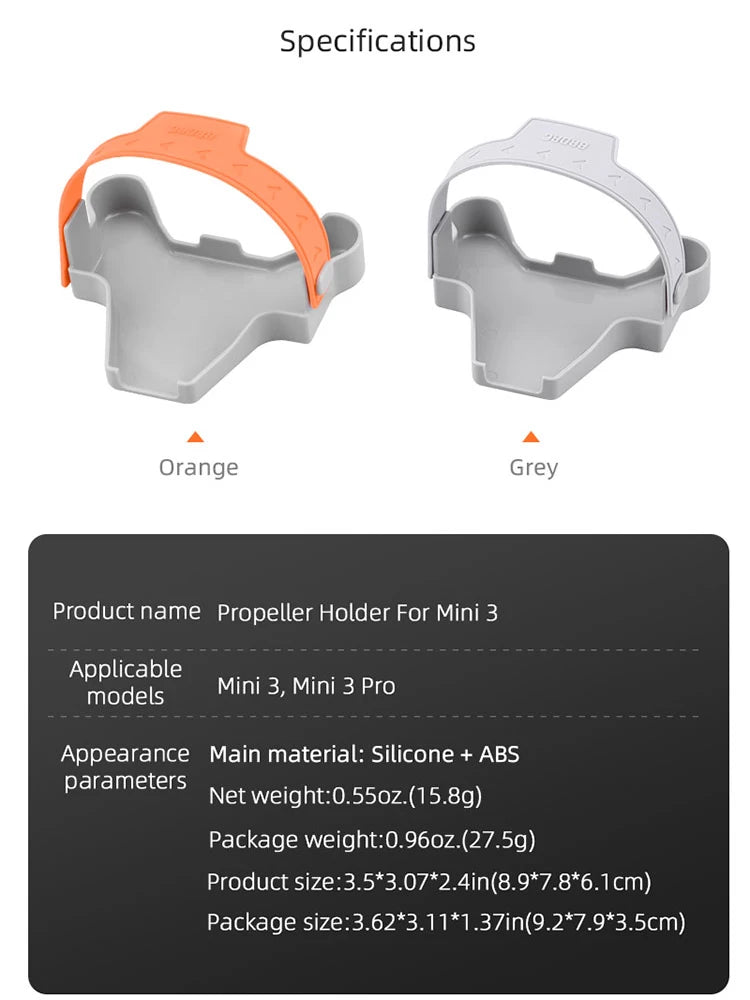 Propeller Holder for DJI Mini 3/3 Pro, Specifications Orange Grey Product name Propeller Holder For Mini 3 Applicable models Mini 3, Mini