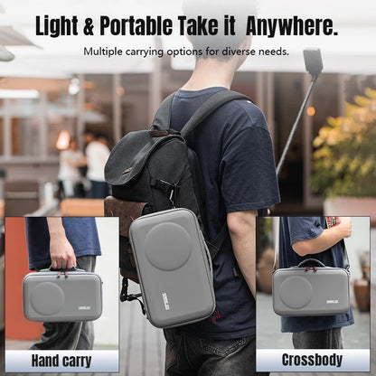 STARTRC Camera Shoulder Bag, Lightweight, splash-resistant gray camera case with adjustable strap; can be carried by hand, as a backpack, or crossbody.