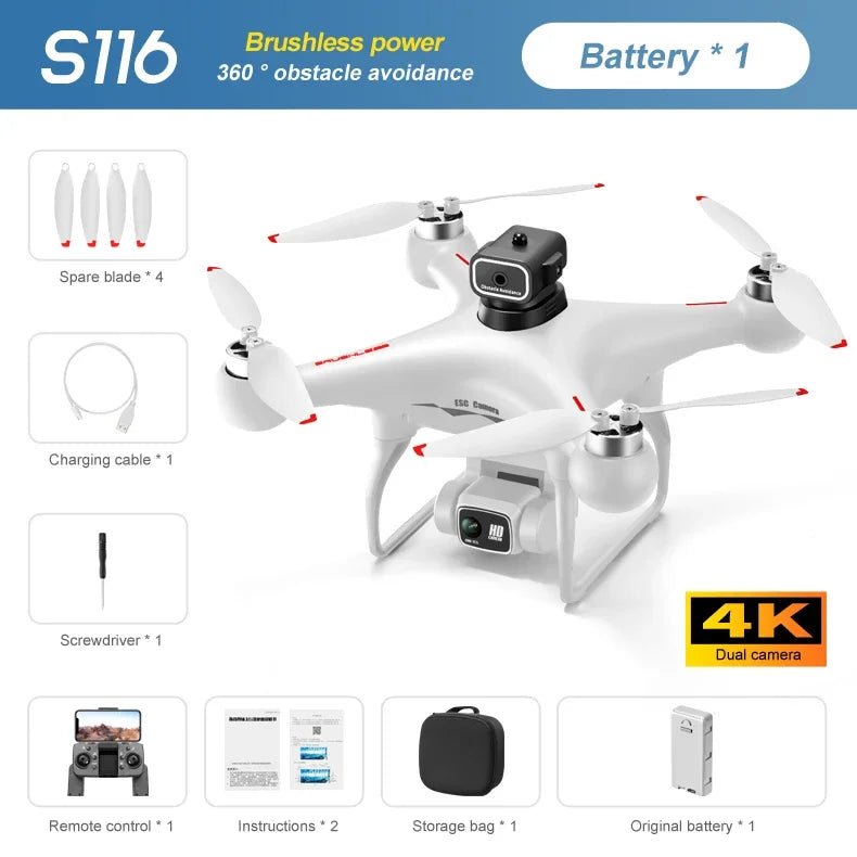 S116 MAX Drone, MAX Drone with brushless power, obstacle avoidance, and accessories included.