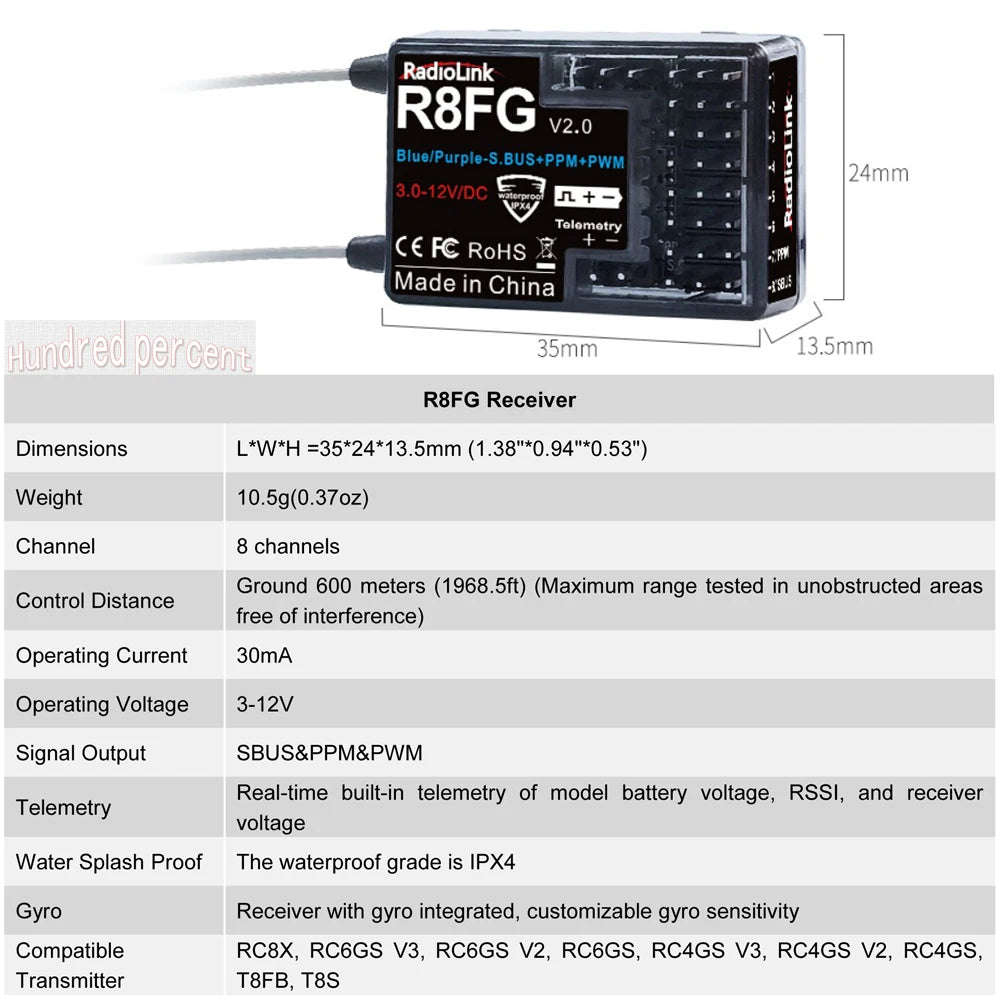 Radiolink RC8X 2.4G 8 Channels Radio Transmitter, RadioLink R8FG V2.0 BluelPurple-S.BUS+PP