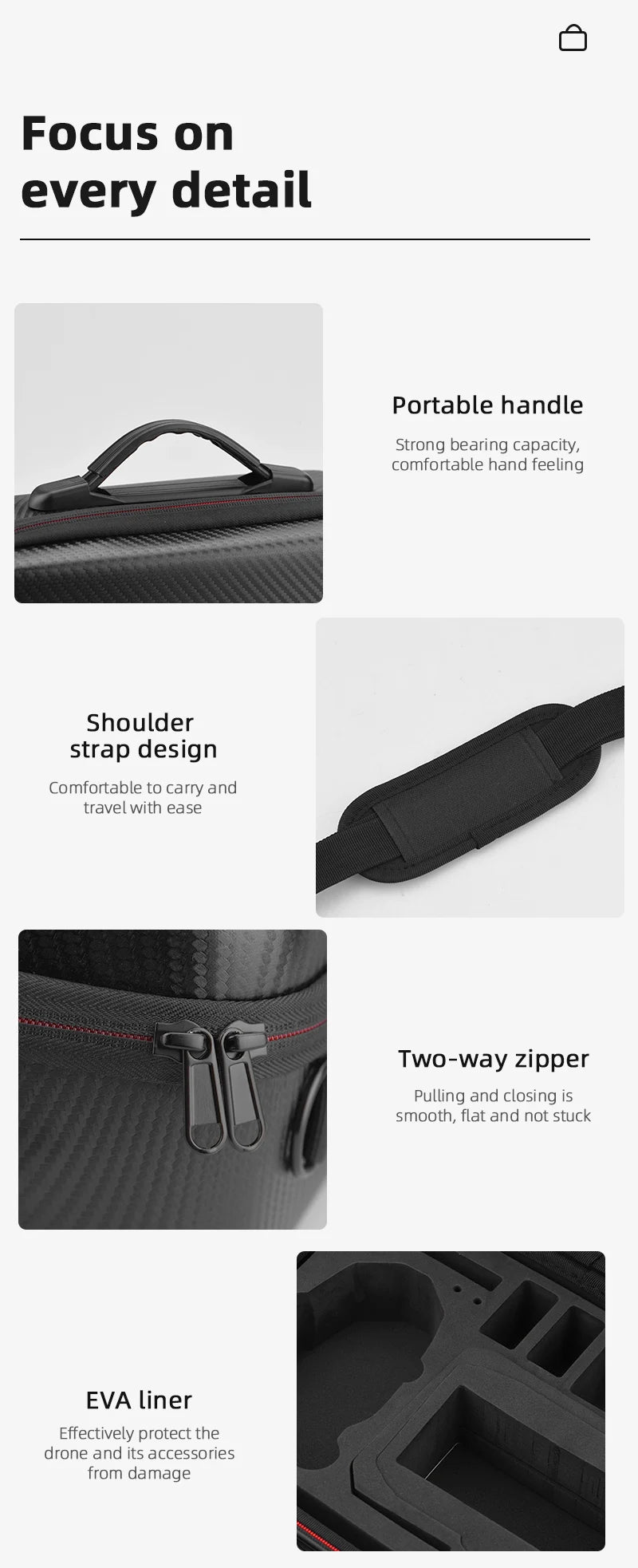 Storage Bag for DJI MINI 3/3 PRO Handbag Carrying Case PU/Nylon Anti-Collision Bag Drone Accessories 16 focus on every detail Portable handle Strong bearing capacity, comfortable hand feeling Shoulder strap design Comfortable