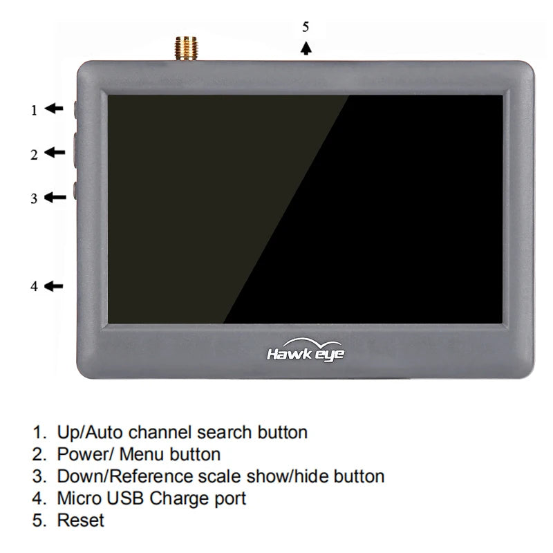 Hawkeye Little Pilot 5.8G FPV Monitor, 3 4 + Hawkeye 1. UplAuto channel search button 2_ Powerl Menu button 3