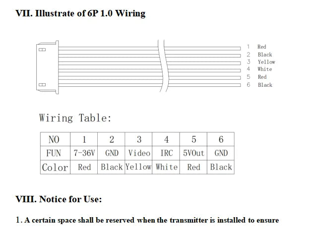 5.8G 3W VTX, 7-36V GND Video TRC SVOut GND Color Red Black Yellow White