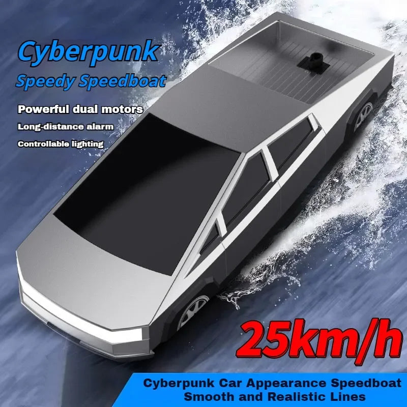 Cyberpunk 2.4GHz High‑Speed RC Boat, High-speed cyberpunk RC boat with dual motors, waterproof design, rechargeable battery, and controllable lighting, reaching 25km/h for thrilling aquatic adventures.