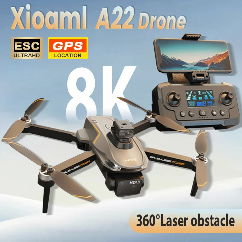 A22 Drone, A drone ESC with GPS and ultraHD location tracking, featuring 8K HD II resolution and 360 laser obstacle avoidance.