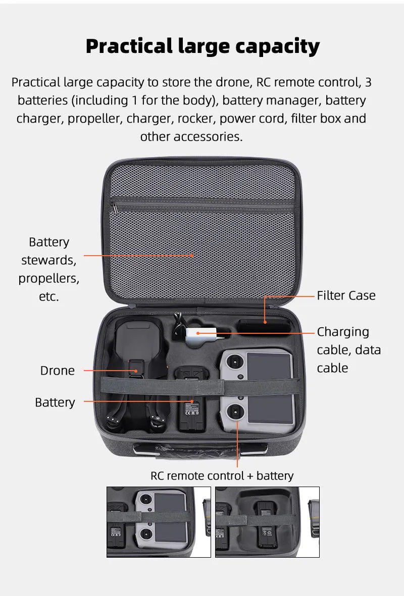 Shoulder Bag for DJI Mavic 3, battery manager, battery charger; propeller, charger, rocker, power cord, filter box