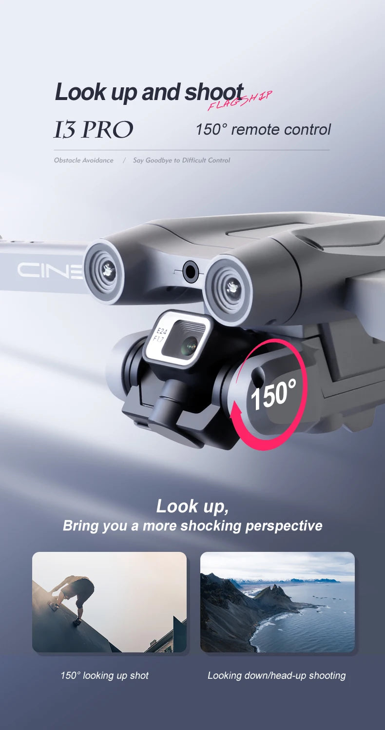 XYRC New i3 Pro Drone - 4K HD Dual ESC Camera Optical Flow Positioning Obstacle Avoidance Foldable Quadcopter RC Dron Toys Gifts 30 XYRC New i3 Pro Drone, look up and shootut I3 PRO 150" looking up shot Looking down/head-