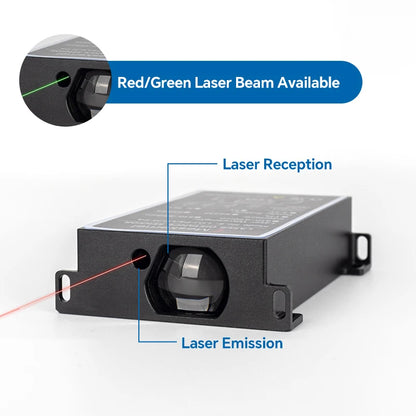 Meskernel LDJ-P4 Industrial Laser Distance Sensor, Industrial laser sensor with red/green beam, 0.03–100m range, RS485 interface, IP54 rated for dust and water resistance.