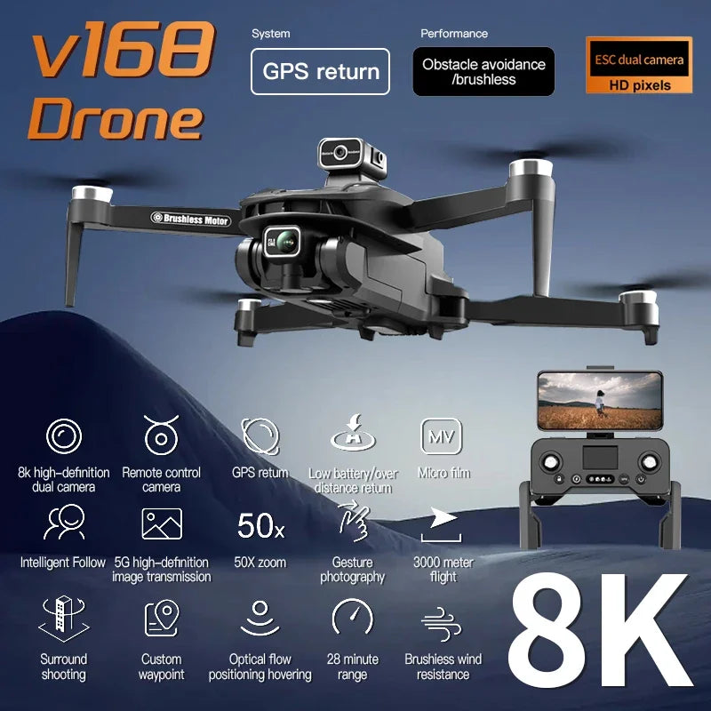 V168 Pro Max GPS Drone, System Performance Drone features dual cameras, GPS return mode, and brushless motor for stabilized flight.