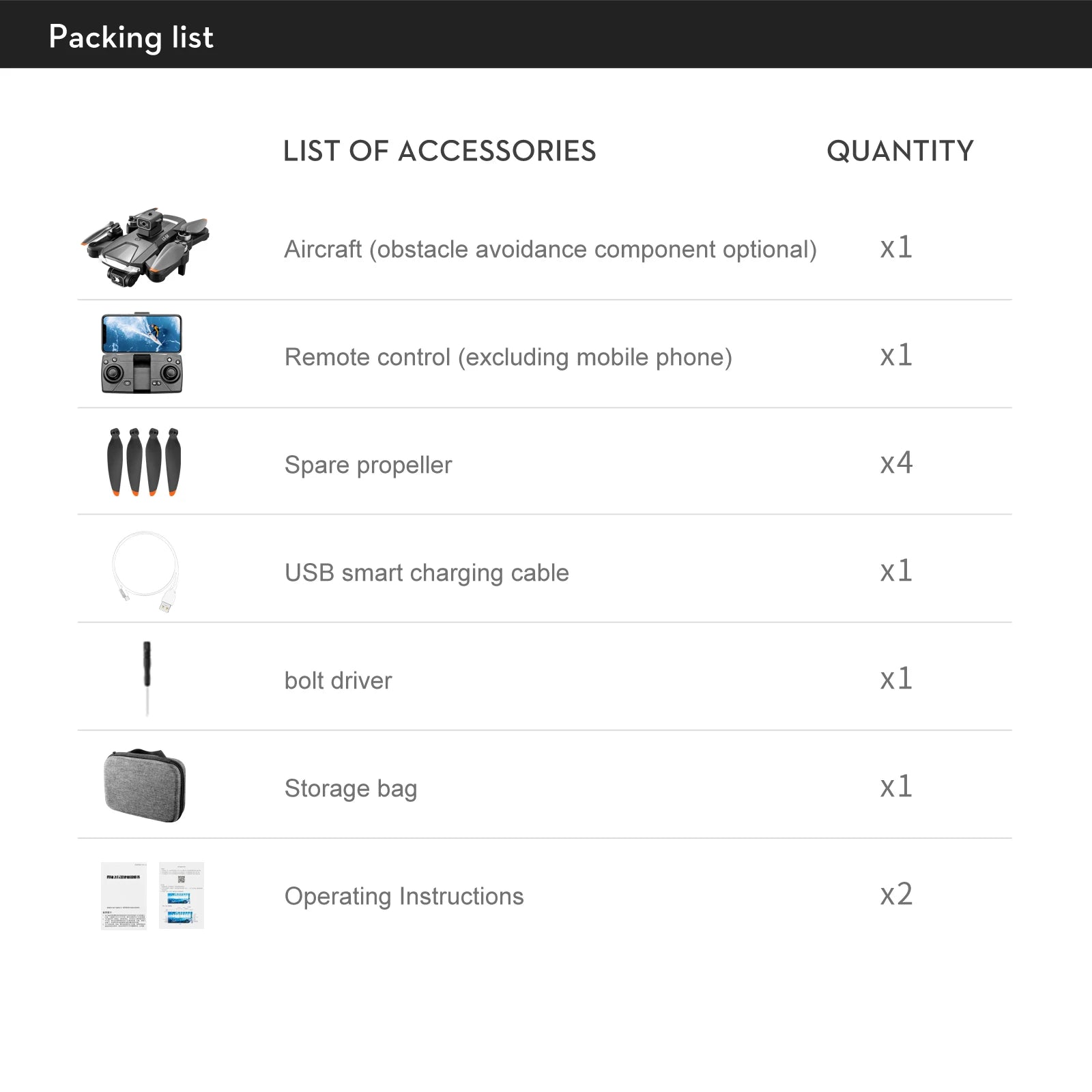 LS58 Drone, packing list list of accessories quantity aircraft (obstacle avoidance component