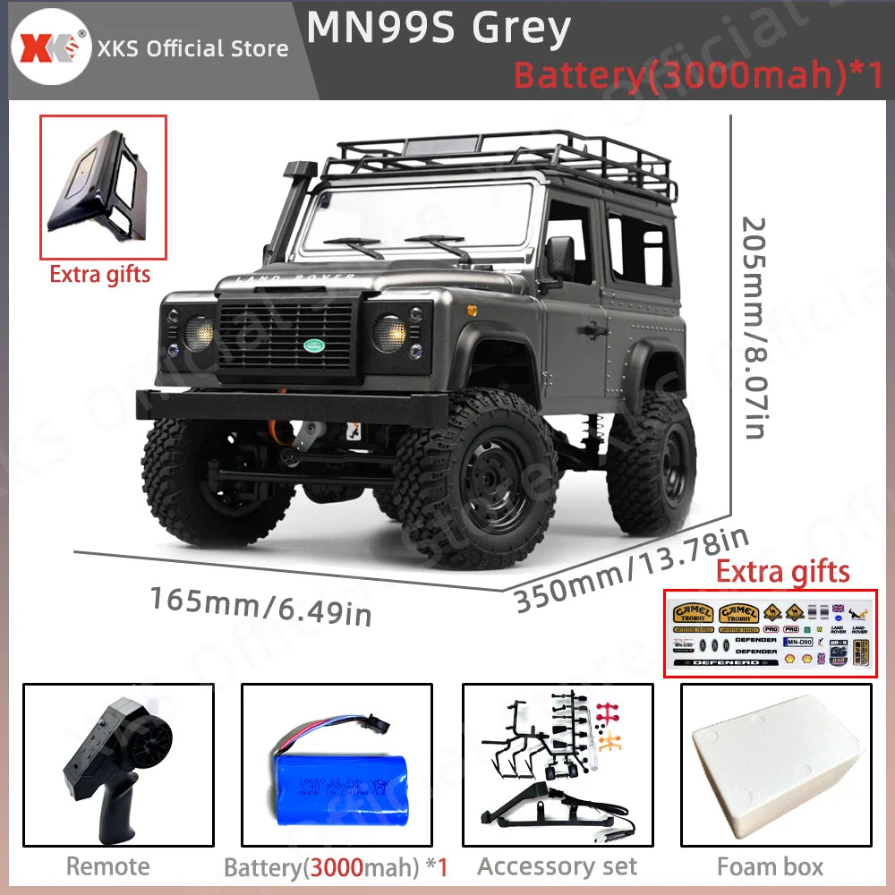 MN99S/MN99/MN98 1:12 RC Car, MN99S Grey RC truck, 1:12 scale, 4WD, 2.4G control, 7.4V 3000mAh battery, includes remote, accessories, foam box, and extra gifts.