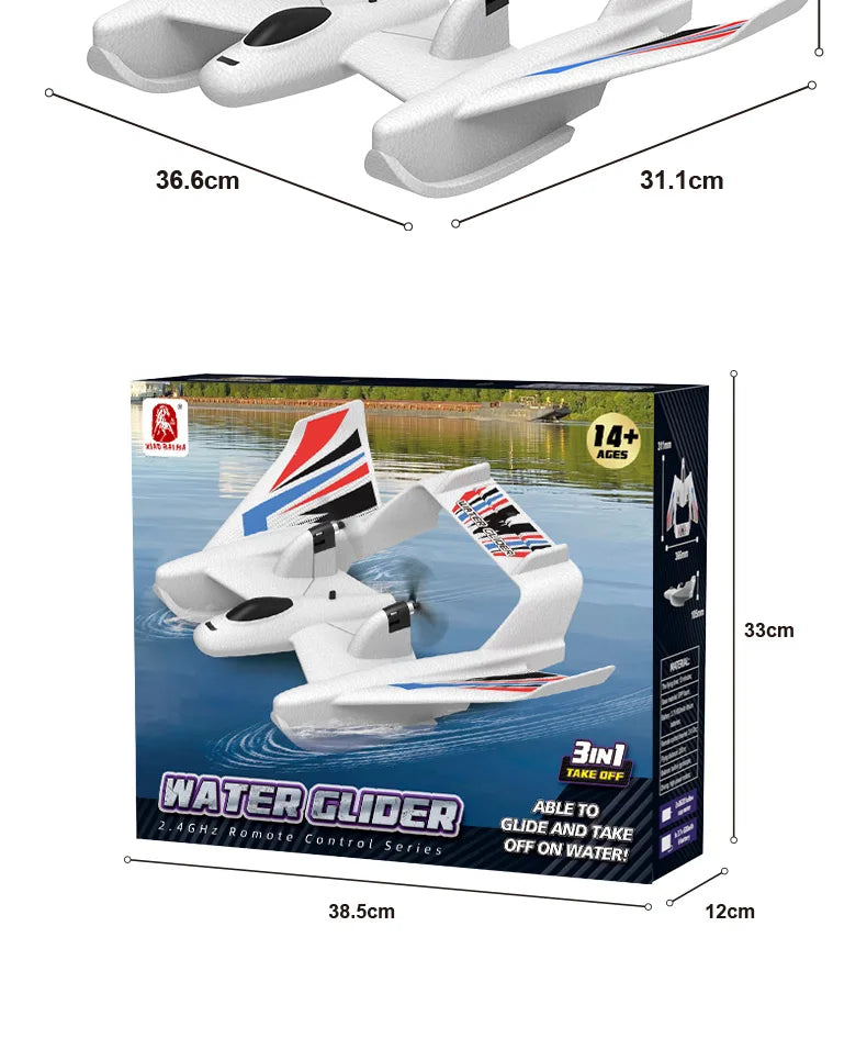 A waterproof RC plane that can take off and land on water or land, featuring gyro stabilization for easy control.