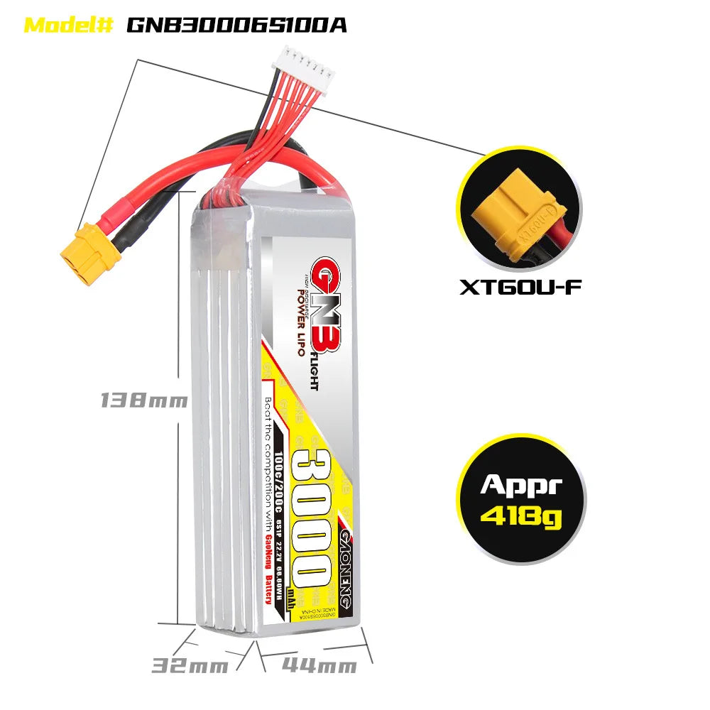 GAONENG GNB 6S 22.2V 3000mAh 100C Lipo Battery, GaoNeng LiPo Battery Specifications: 3000mAh, 22.2V, for helicopters and remote control toys.