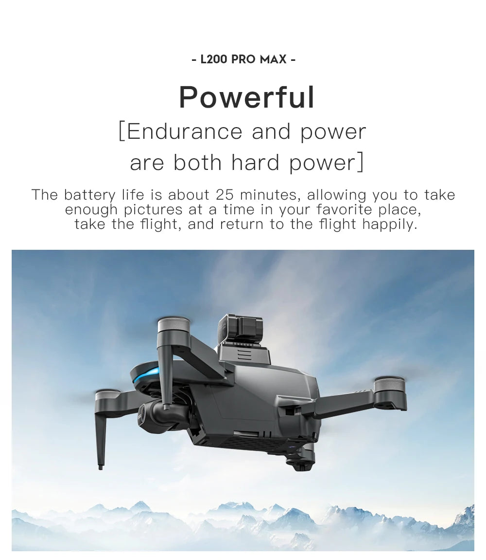 L200 PRO MAX Drone, Capture stunning 4K footage with powerful camera system and 2-axis gimbal on 25-minute flight.